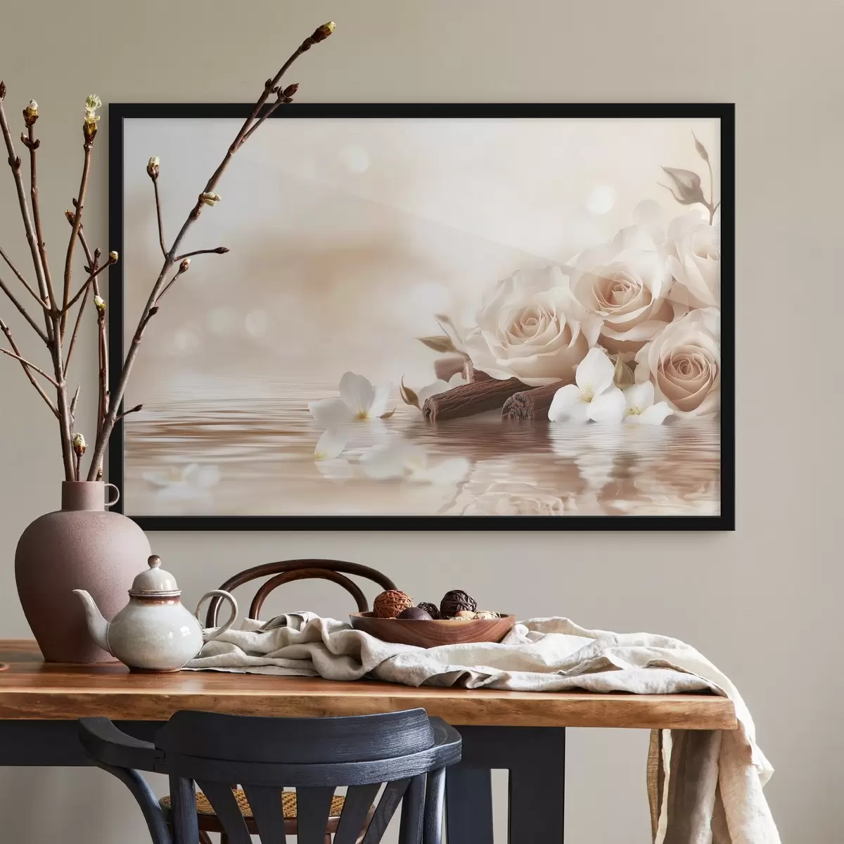 Poster Zarte beige Rosen am Meeresufer f41877