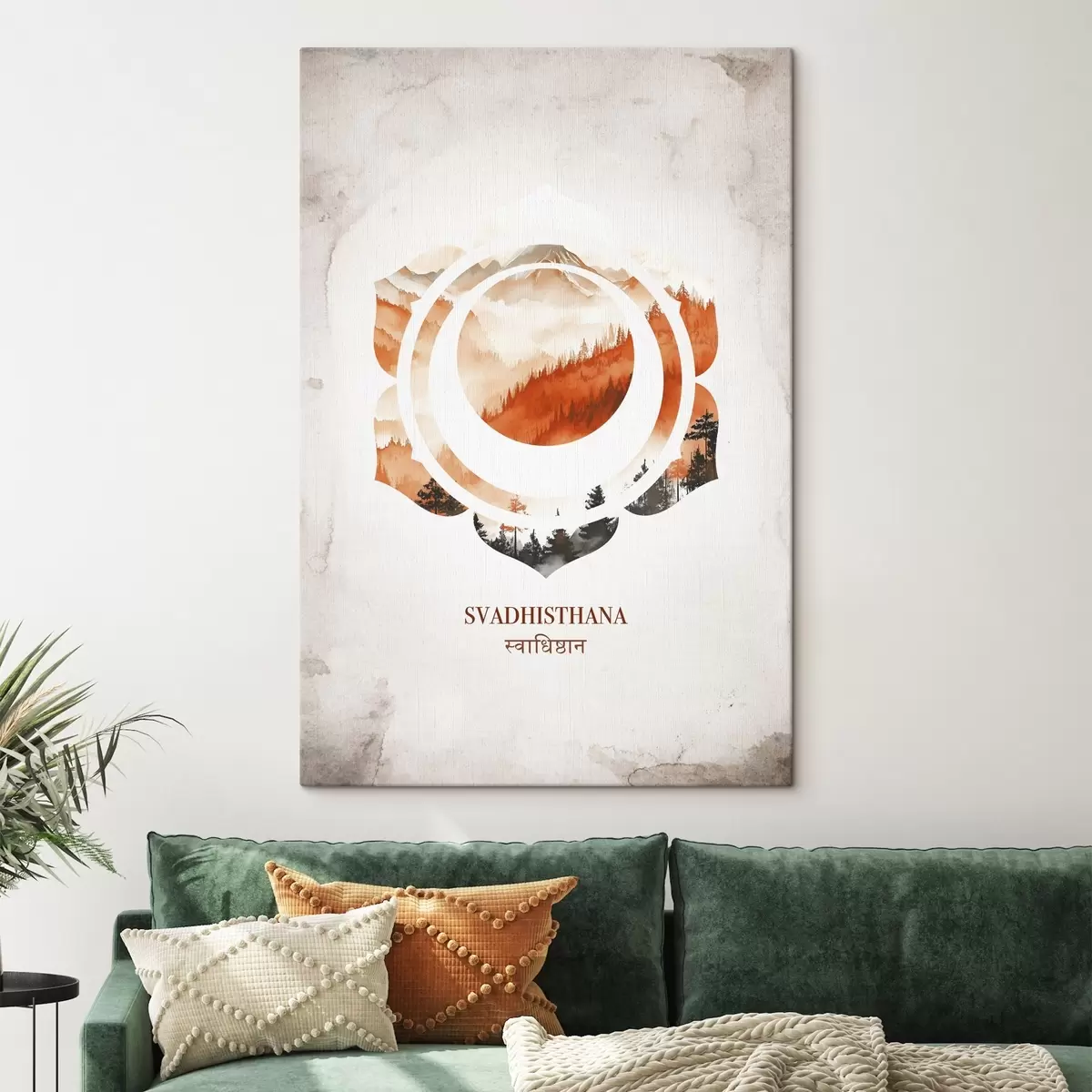 Wandbilder Svadhisthana-Chakra, Orangen-Chakra, Esoterik, Meditation, Buddhismus, Berge im Aquarellstil s41881