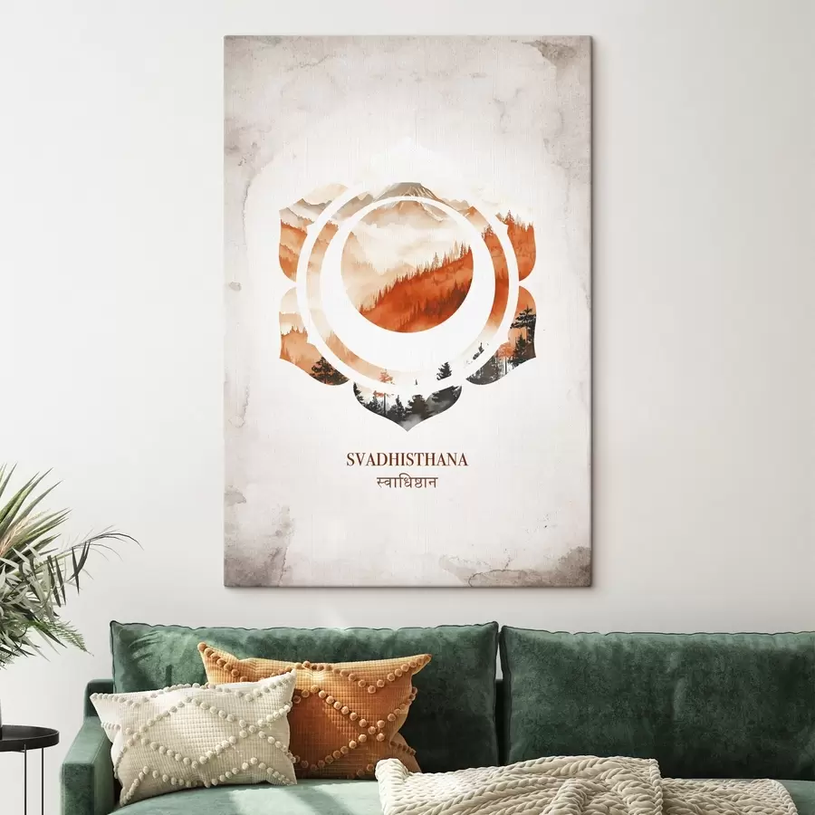 Fototapete Svadhisthana-Chakra, Orangen-Chakra, Esoterik, Meditation, Buddhismus, Berge im Aquarellstil s41881