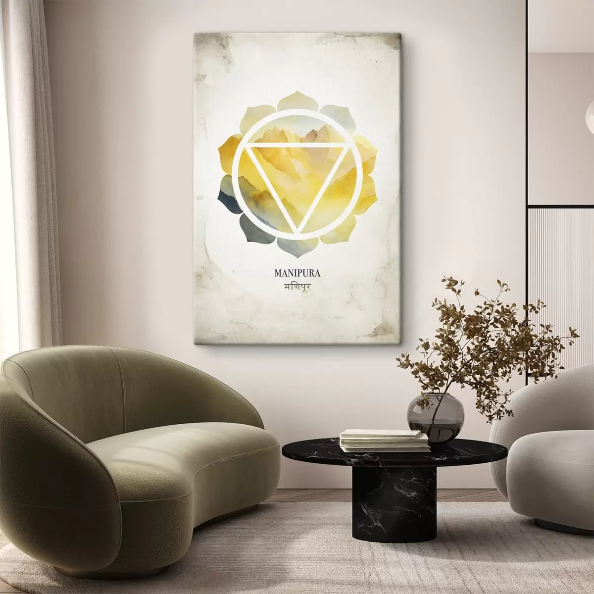 Wandbilder Manipura-Chakra, gelbes Chakra, Esoterik, Meditation, Buddhismus, Berge im Aquarellstil s41882