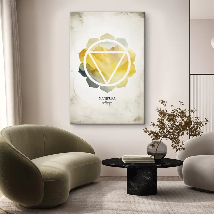 Wandbilder Manipura-Chakra, gelbes Chakra, Esoterik, Meditation, Buddhismus, Berge im Aquarellstil s41882