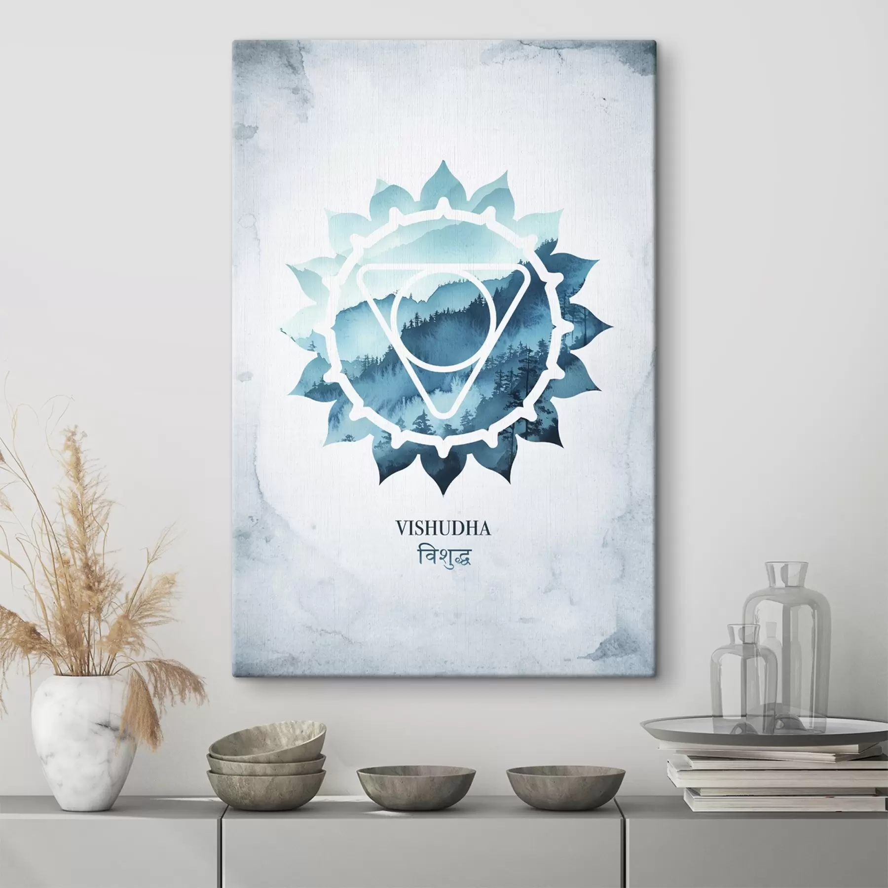 Wandbilder Vishuddha-Chakra, blaues Chakra, Esoterik, Meditation, Buddhismus, Berge im Aquarellstil s41884