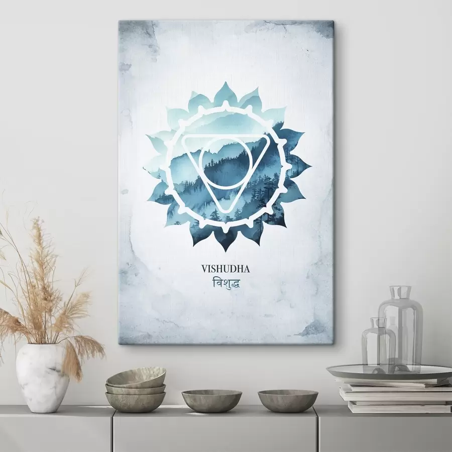 Wandbilder Vishuddha-Chakra, blaues Chakra, Esoterik, Meditation, Buddhismus, Berge im Aquarellstil s41884