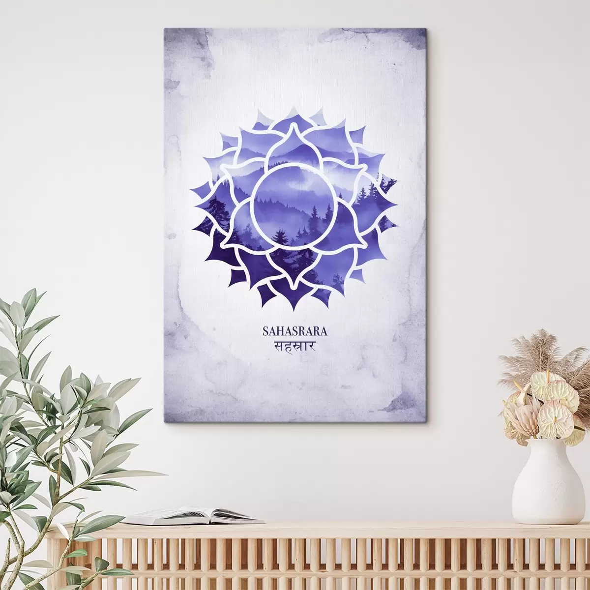 Wandbilder Sahasrara-Chakra, violettes Chakra, Esoterik, Meditation, Buddhismus, Berge im Aquarellstil s41886