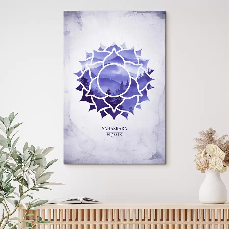 Wandbilder Sahasrara-Chakra, violettes Chakra, Esoterik, Meditation, Buddhismus, Berge im Aquarellstil s41886
