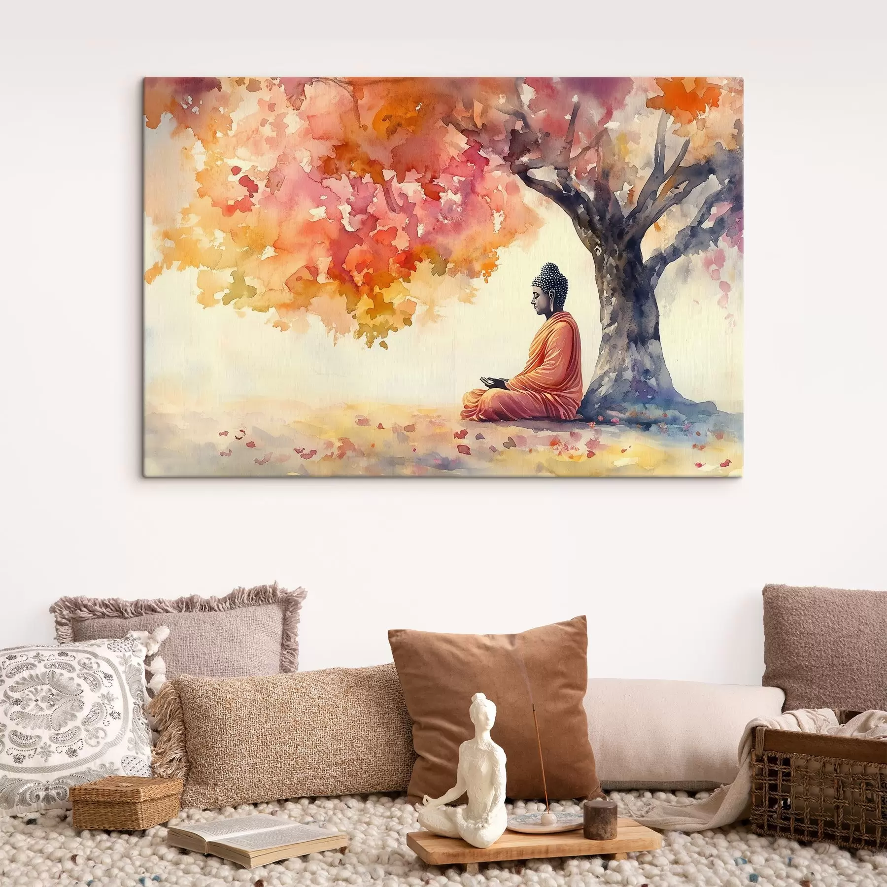 Wandbilder Buddha meditiert unter dem Baum, Aquarellstil, Herbst, Esoterik s41887