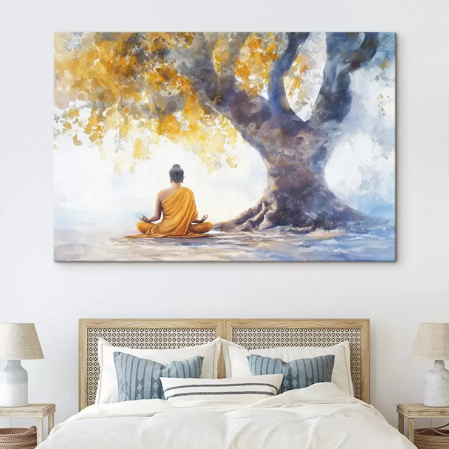 Wandbilder Meditation unter dem Baum, Buddha, Aquarellstil, gelbe und blaue Farben s41888