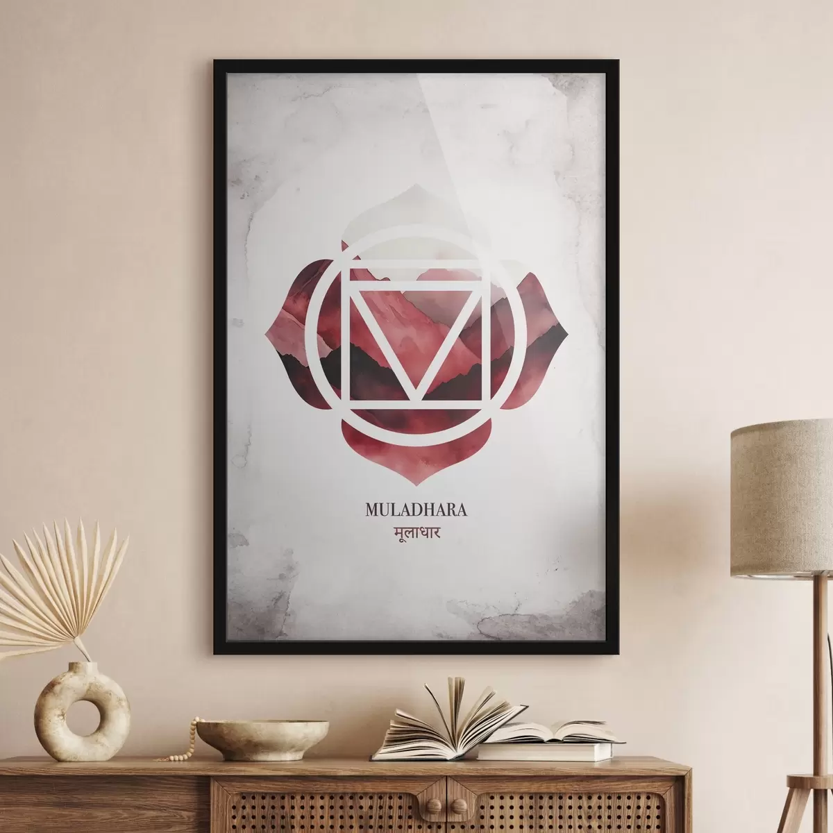 Poster Muladhara-Chakra, rotes Chakra, Esoterik, Meditation, Buddhismus, Berge im Aquarellstil f41880