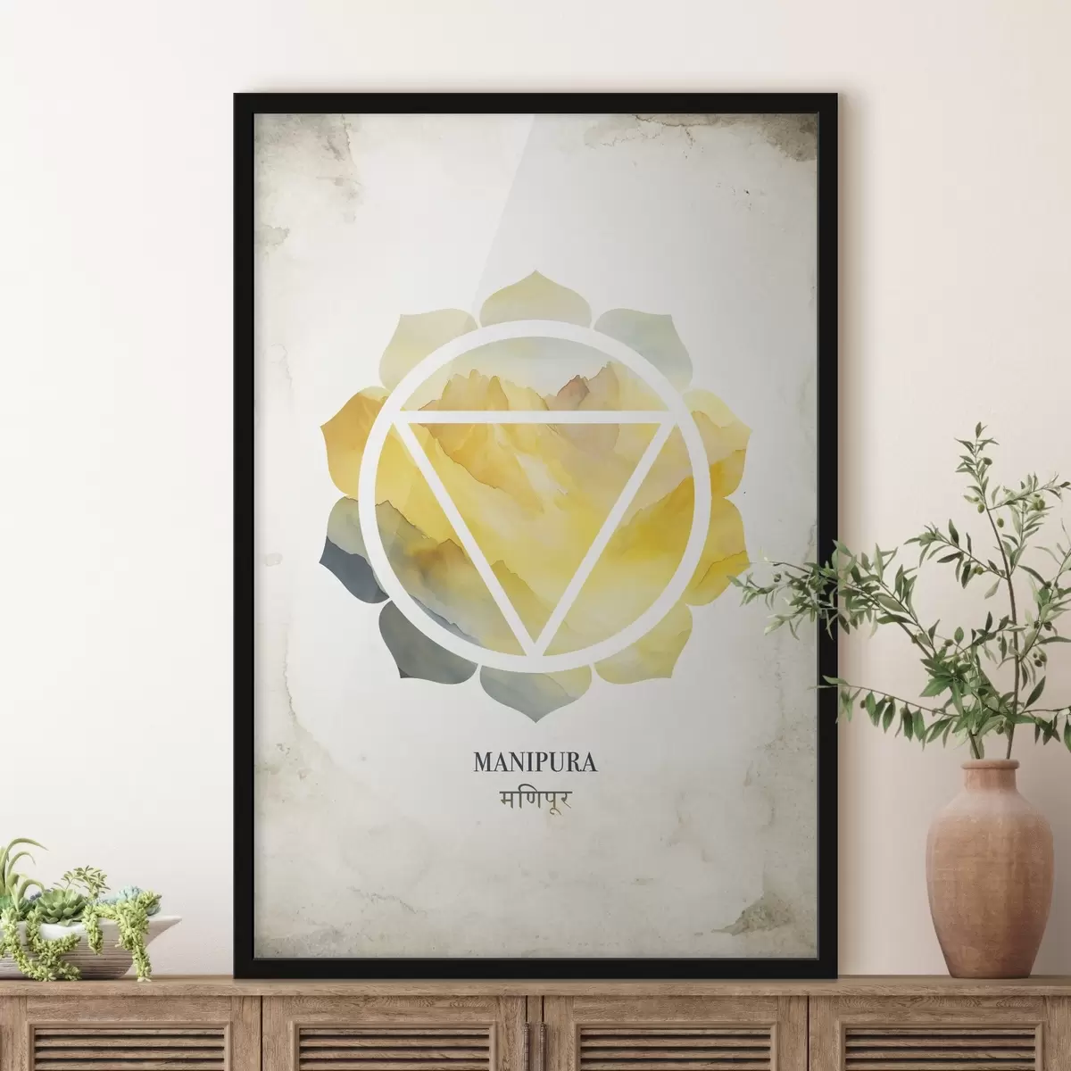 Poster Manipura-Chakra, gelbes Chakra, Esoterik, Meditation, Buddhismus, Berge im Aquarellstil f41882