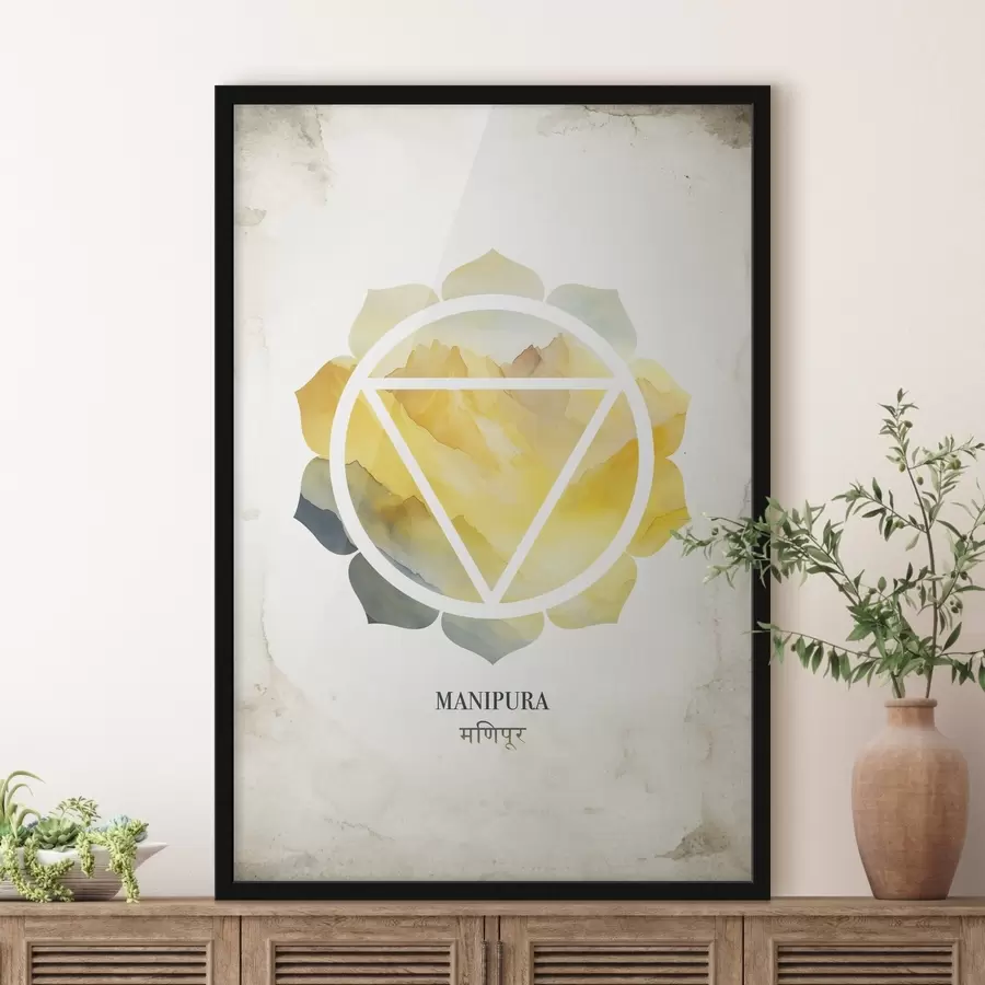 Fototapete Manipura-Chakra, gelbes Chakra, Esoterik, Meditation, Buddhismus, Berge im Aquarellstil f41882