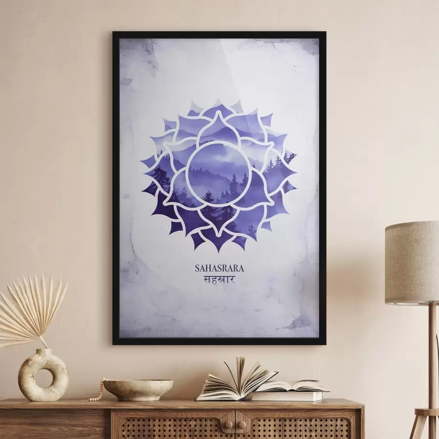 Fototapete Sahasrara-Chakra, violettes Chakra, Esoterik, Meditation, Buddhismus, Berge im Aquarellstil f41886