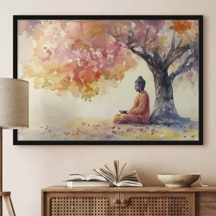 Fototapete Buddha meditiert unter dem Baum, Aquarellstil, Herbst, Esoterik f41887