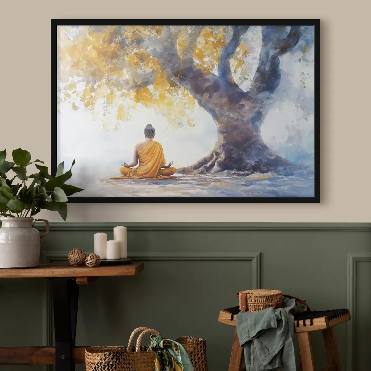 Poster Meditation unter dem Baum, Buddha, Aquarellstil, gelbe und blaue Farben f41888