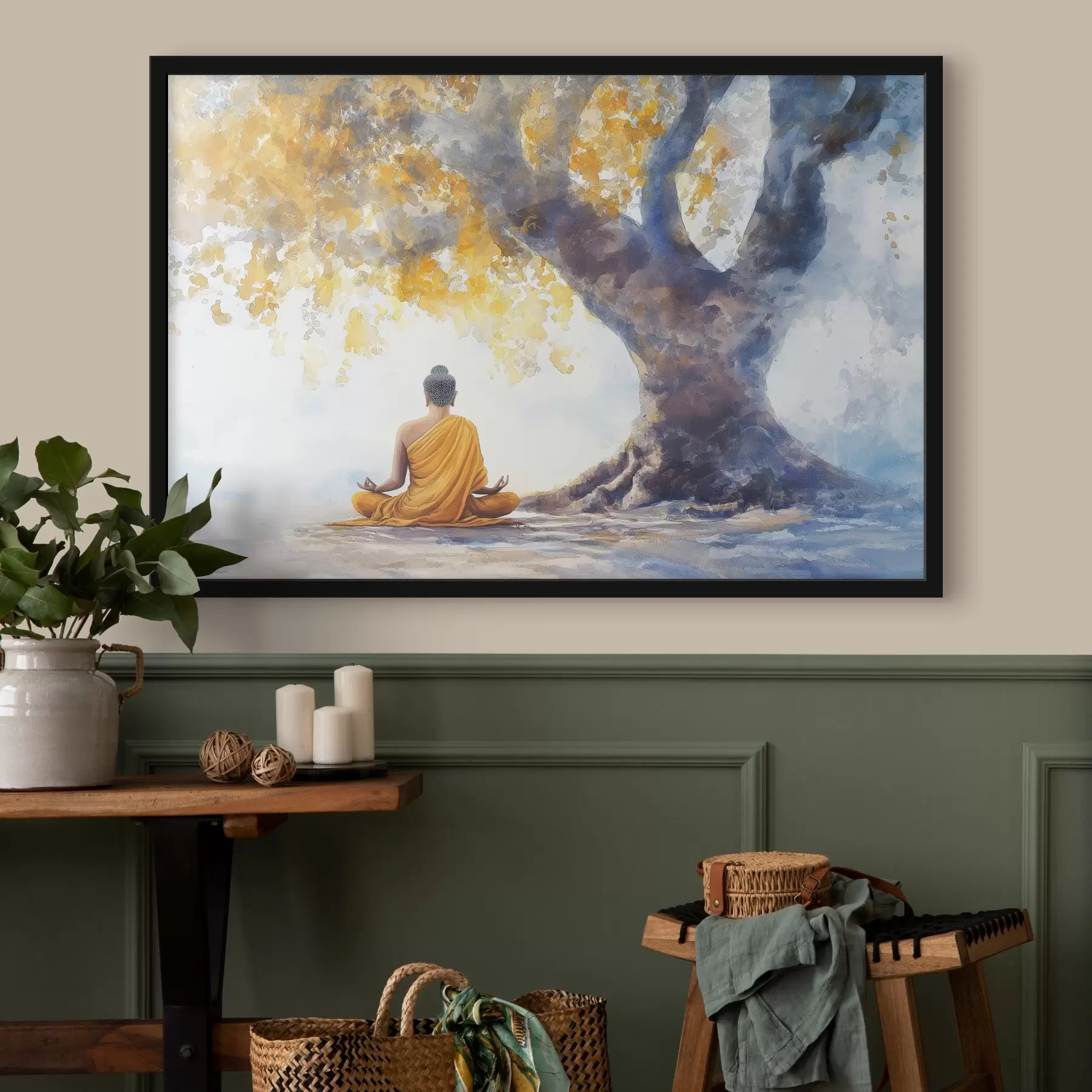 Fototapete Meditation unter dem Baum, Buddha, Aquarellstil, gelbe und blaue Farben f41888
