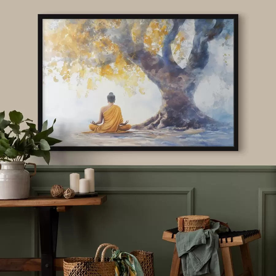 Fototapete Meditation unter dem Baum, Buddha, Aquarellstil, gelbe und blaue Farben f41888