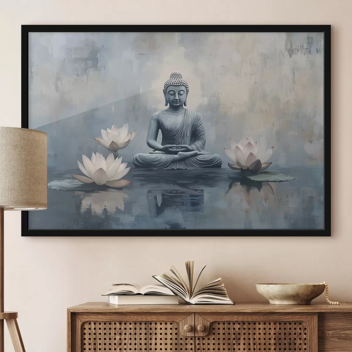 Poster Meditierender Buddha im See mit Lotusblumen, orientalisch, Acryl-Stil f41891