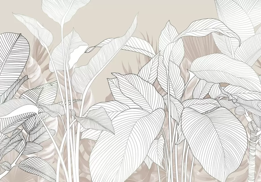 Fototapete Eine monochrome Illustration mit großen, stilisierten Blättern und Laub mit komplizierten Linienmustern und Texturen w08436v1