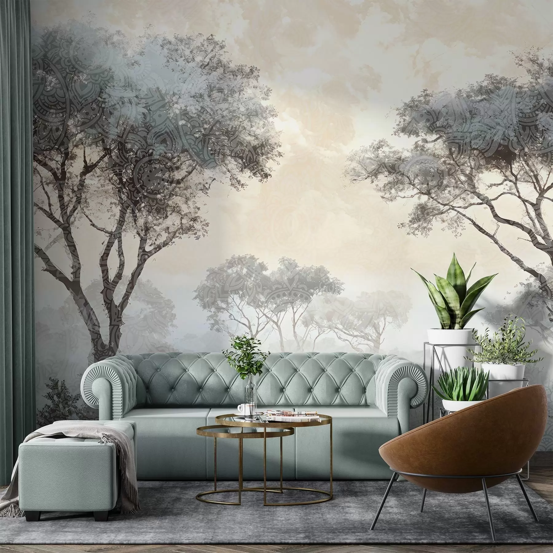 Fototapete Eine neblige, heitere Landschaft mit silhouettierten Bäumen im Vordergrund und weichem Nebel in Grau- und Beigetönen w08442v1