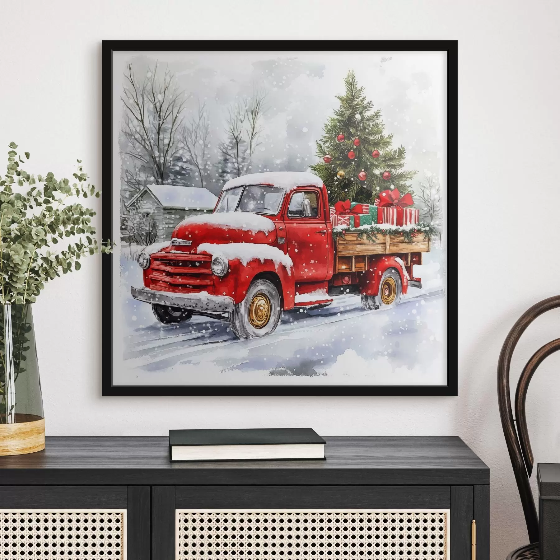 Wandbilder Ein Weihnachtsauto mit einem Baum und Geschenken bei verschneitem Wetter f41968