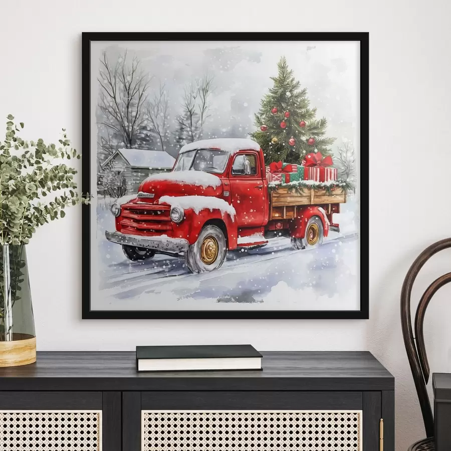 Fototapete Ein Weihnachtsauto mit einem Baum und Geschenken bei verschneitem Wetter f41968