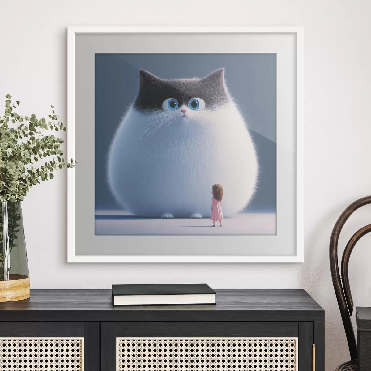 Poster Eine überraschte flauschige Katze mit einem Mädchen im Illustrationsstil f41974