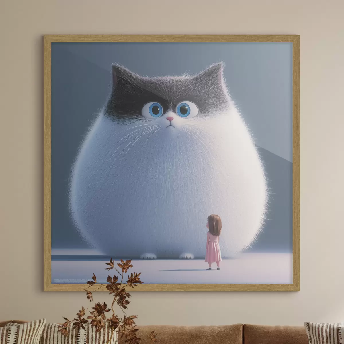 Poster Eine überraschte flauschige Katze mit einem Mädchen im Illustrationsstil f41974