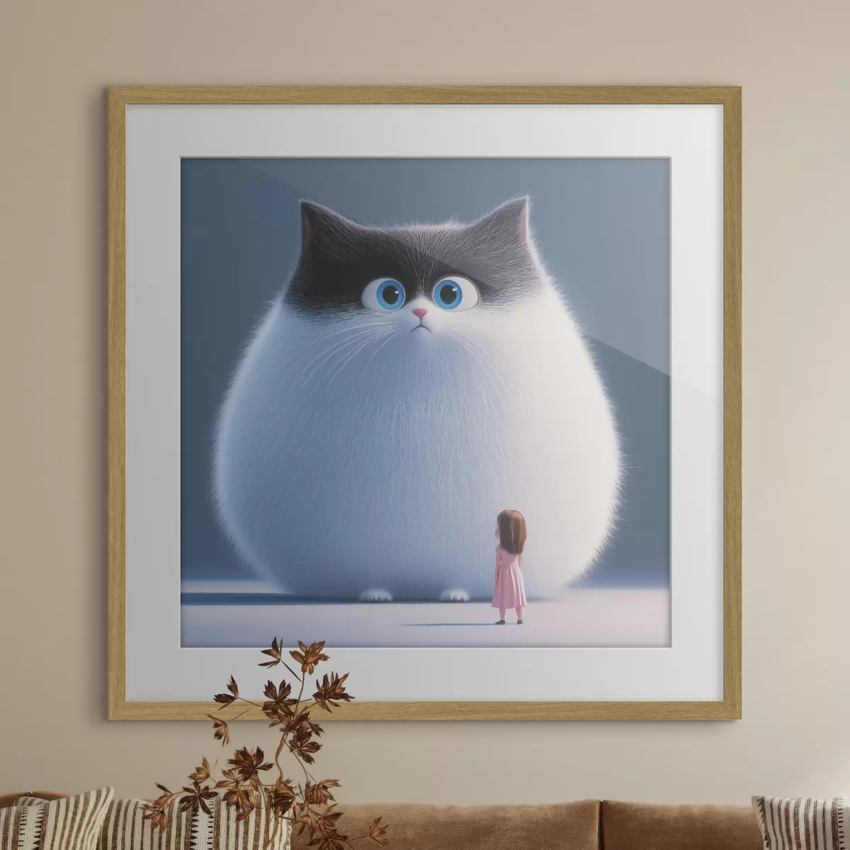 Poster Eine überraschte flauschige Katze mit einem Mädchen im Illustrationsstil f41974