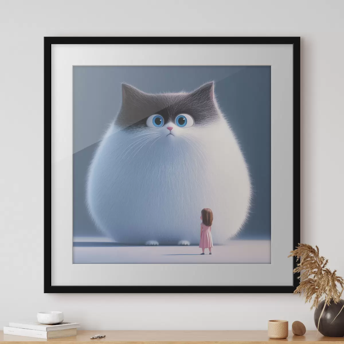 Poster Eine überraschte flauschige Katze mit einem Mädchen im Illustrationsstil f41974