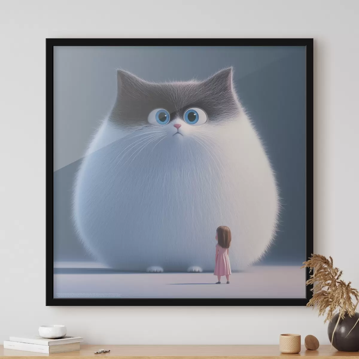 Poster Eine überraschte flauschige Katze mit einem Mädchen im Illustrationsstil f41974