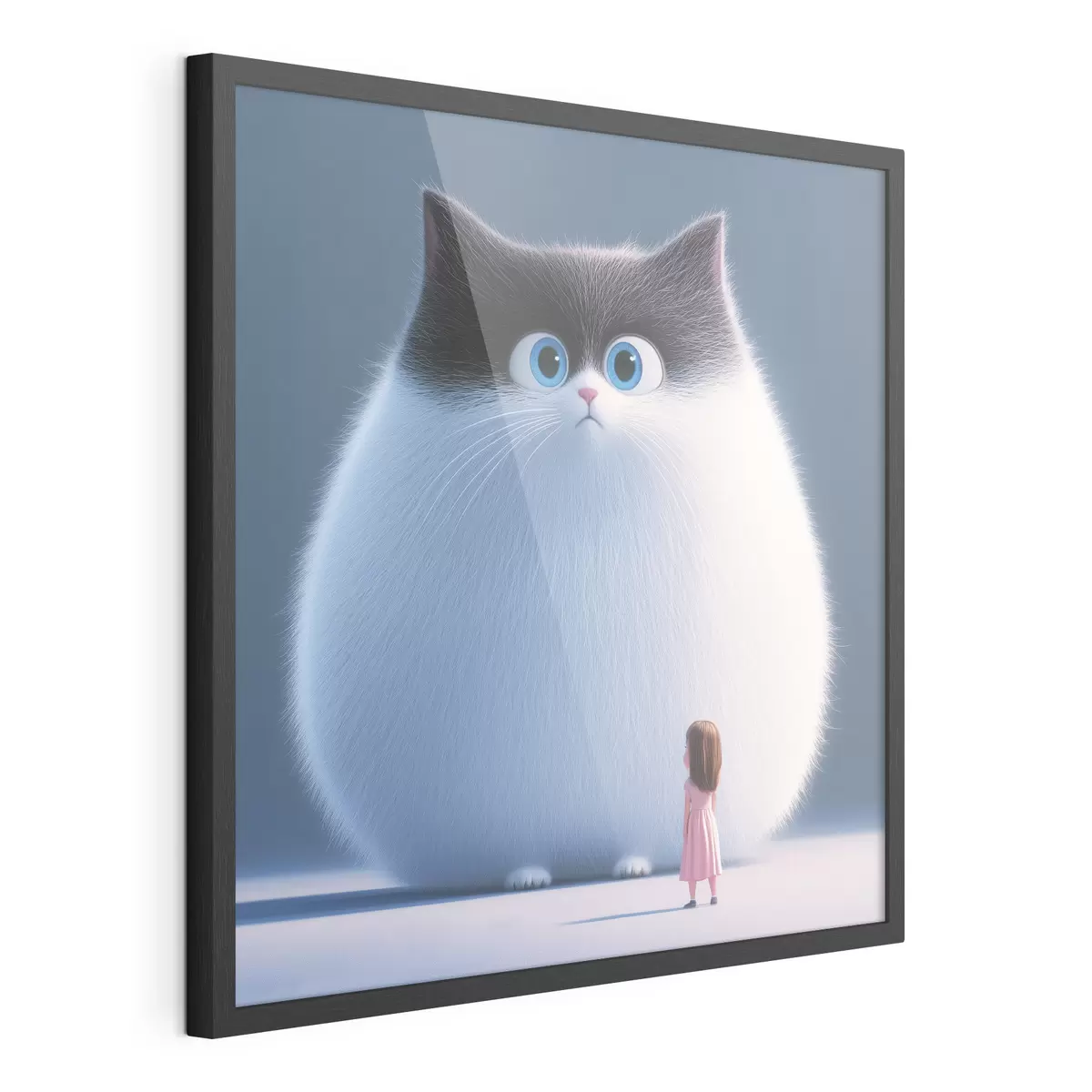 Poster Eine überraschte flauschige Katze mit einem Mädchen im Illustrationsstil f41974