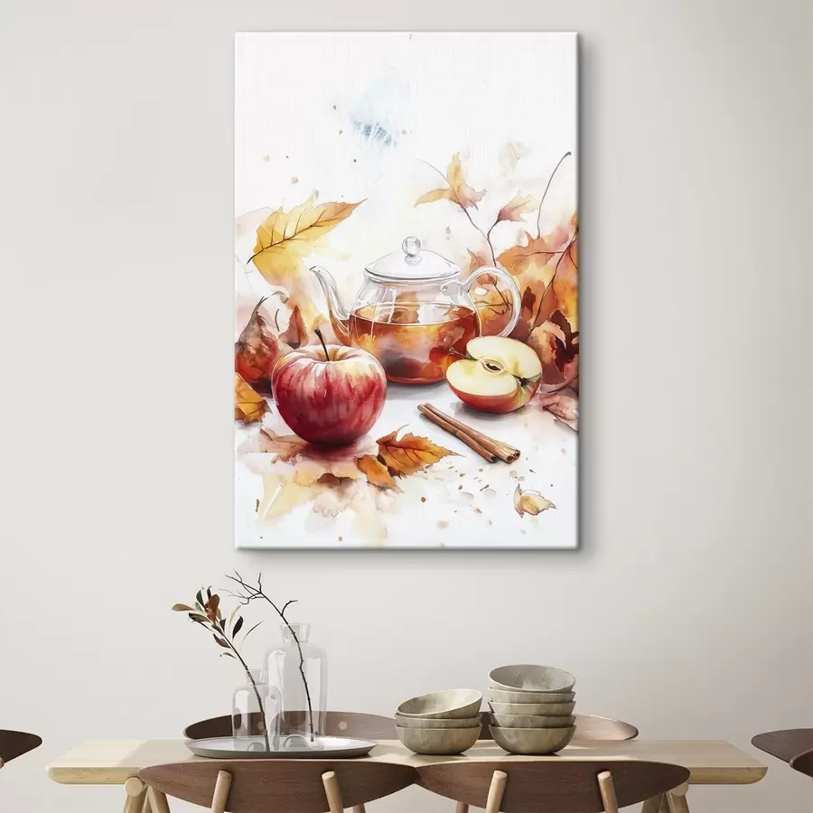 Wandbilder Aquarell Teekanne mit Glühwein, Apfel, Zimt, Herbstfarben s41943
