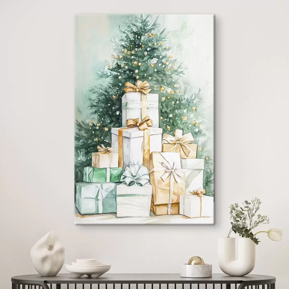 Wandbilder Weihnachtsbaum mit eingepackten Geschenken, Aquarellstil, festlich s41944