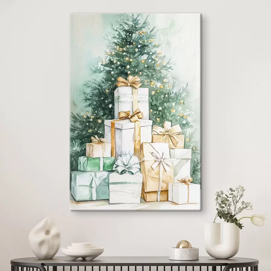 Wandbilder Weihnachtsbaum mit eingepackten Geschenken, Aquarellstil, festlich s41944