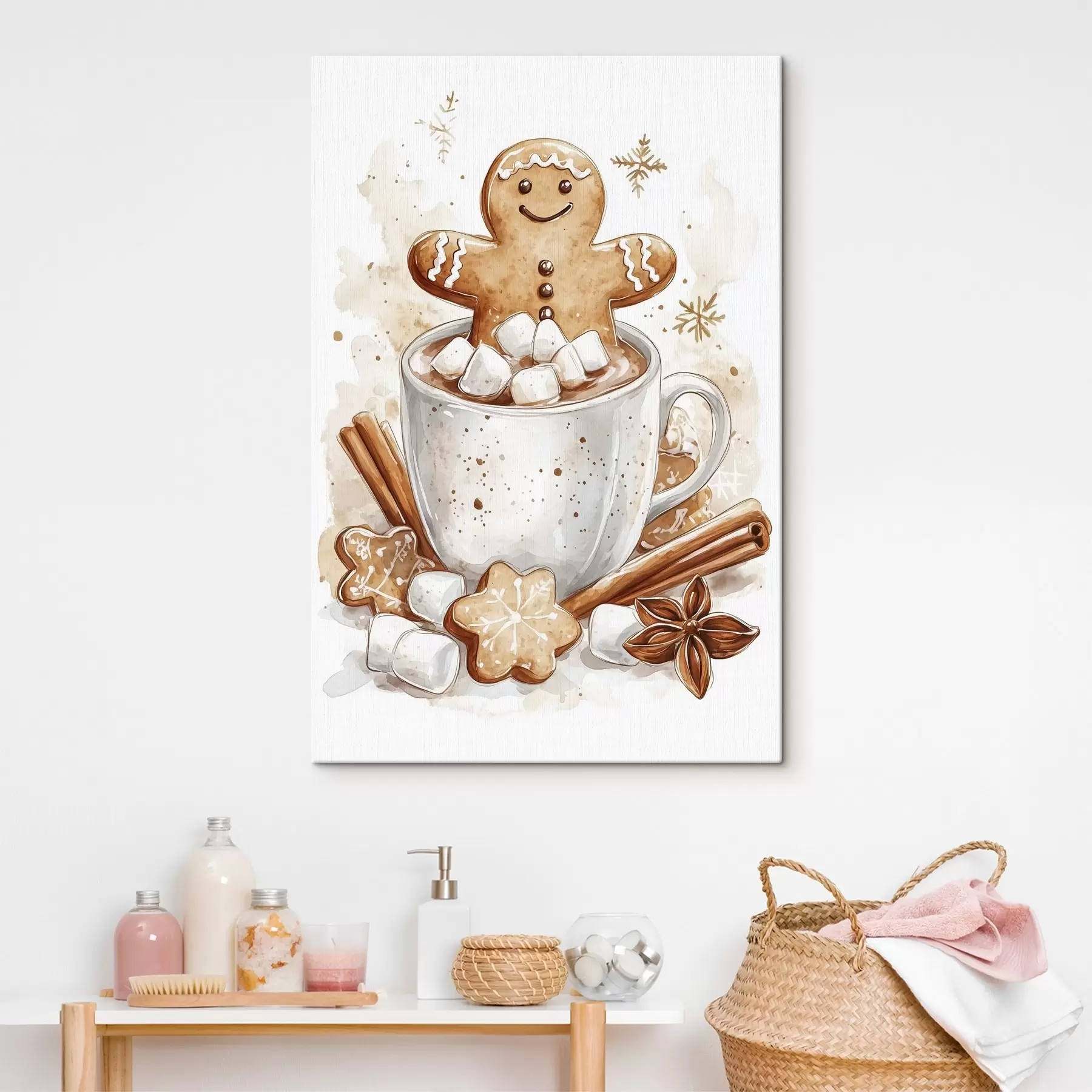 Fototapete Lebkuchenmänner in der Tasse Kaffee, Zimt, Marshmallows, Aquarell-Stil, beige s41948