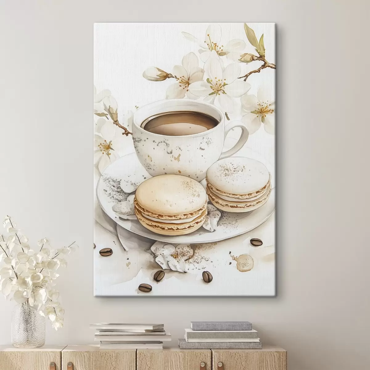 Wandbilder Tasse Kaffee mit Makronen, Aquarellstil, weiche Farben, Jasminblüten s41949