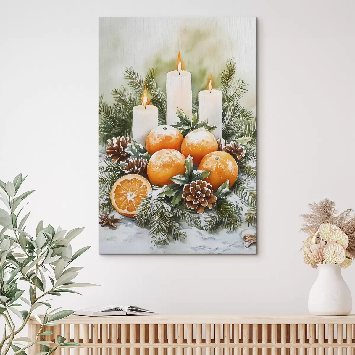 Wandbilder Weihnachtsdekoration mit Kerzen, Tannenbaum, Zapfen und Orangen, Aquarellstil s41951
