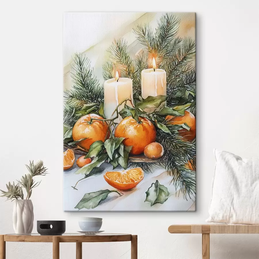 Wandbilder Schöne Weihnachtsdekoration mit Kerzen, Orangen und Tannenzweigen s41958