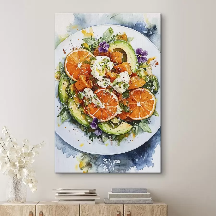 Wandbilder Leckerer Salat mit Orangen, Feta-Käse, Kürbissen und Avocado, Aquarell-Lebensmittel s41959