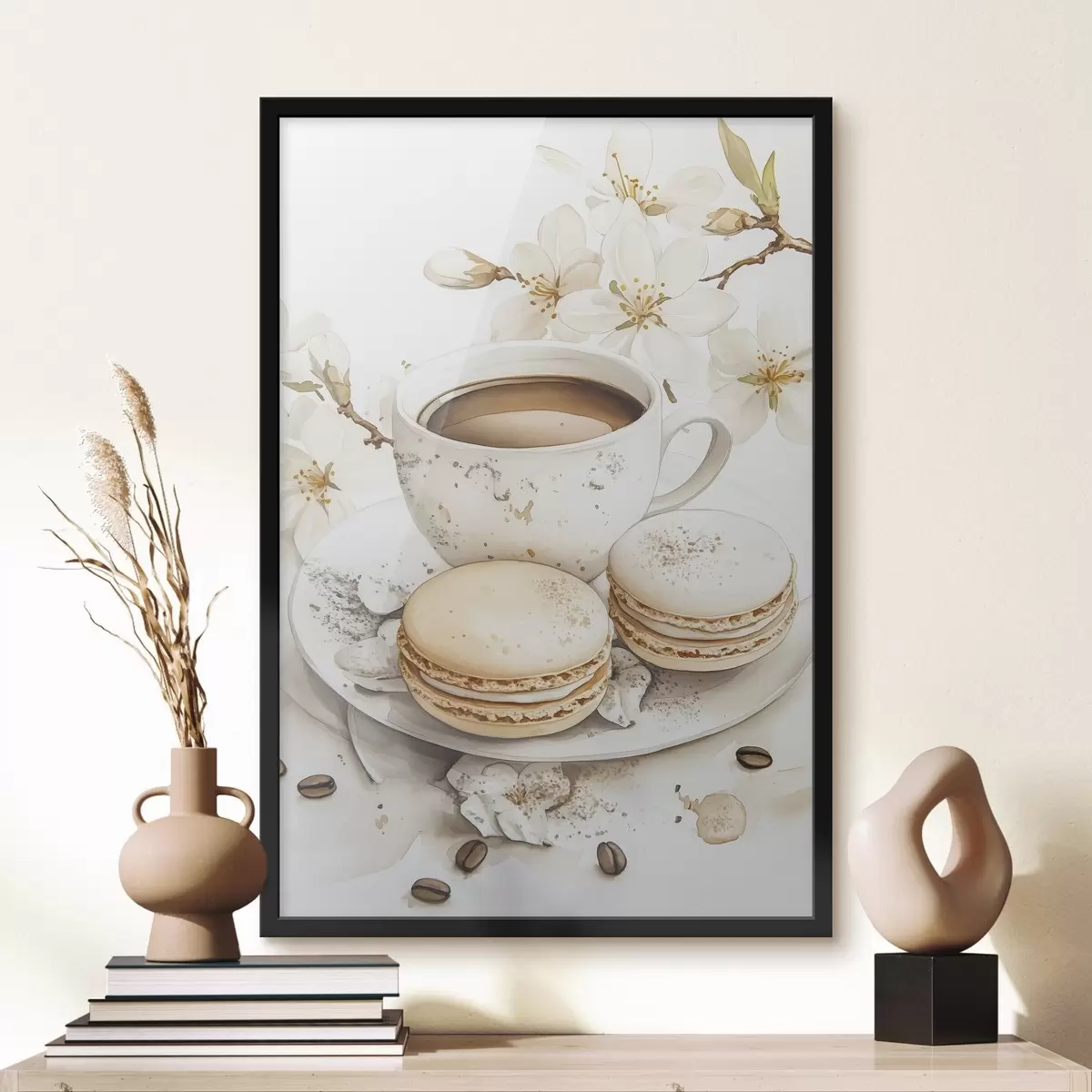 Poster Tasse Kaffee mit Makronen, Aquarellstil, weiche Farben, Jasminblüten f41949