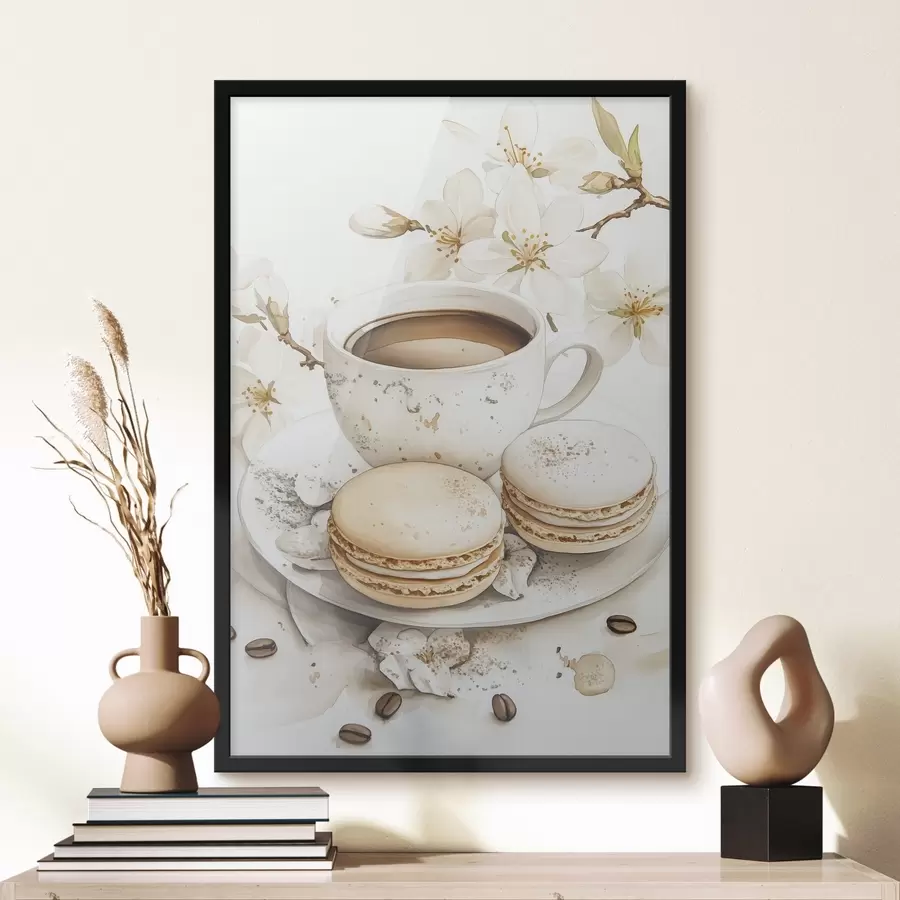 Fototapete Tasse Kaffee mit Makronen, Aquarellstil, weiche Farben, Jasminblüten f41949