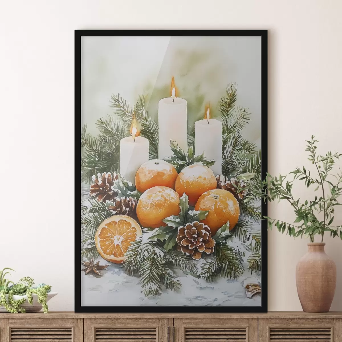 Poster Weihnachtsdekoration mit Kerzen, Tannenbaum, Zapfen und Orangen, Aquarellstil f41951