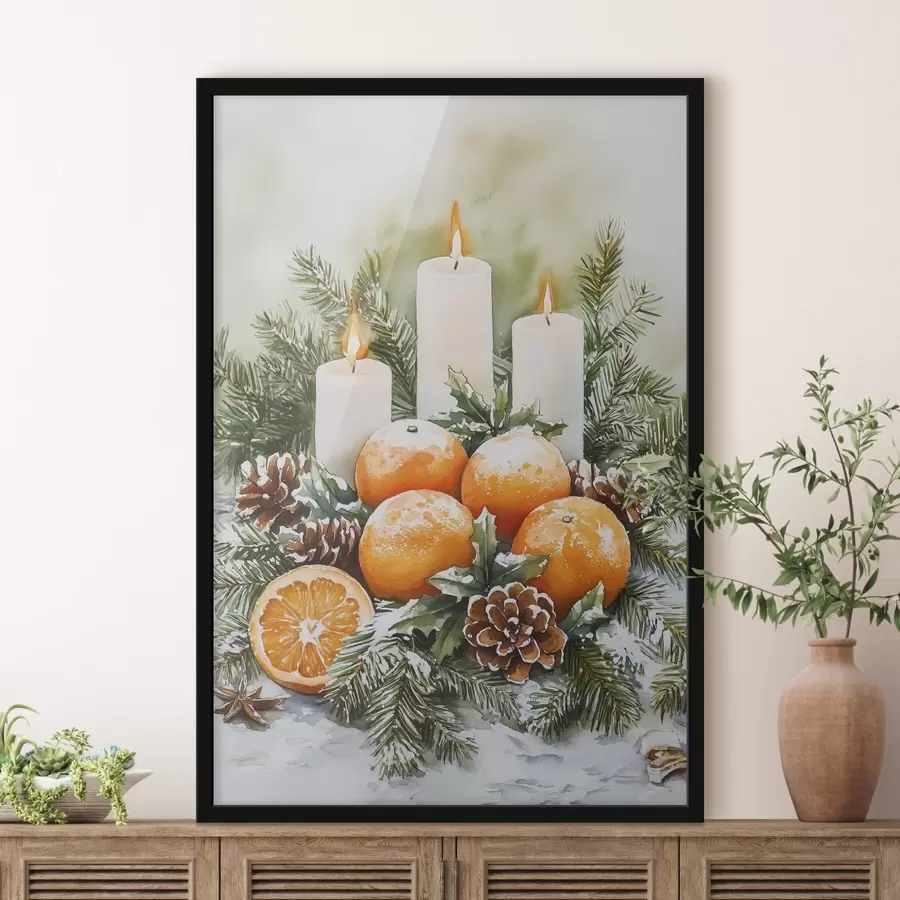 Fototapete Weihnachtsdekoration mit Kerzen, Tannenbaum, Zapfen und Orangen, Aquarellstil f41951