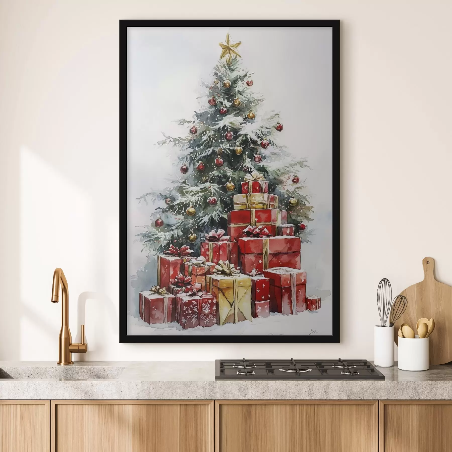 Fototapete Festlicher Weihnachtsbaum mit eingepackten Geschenken, Schnee, Aquarellstil f41953