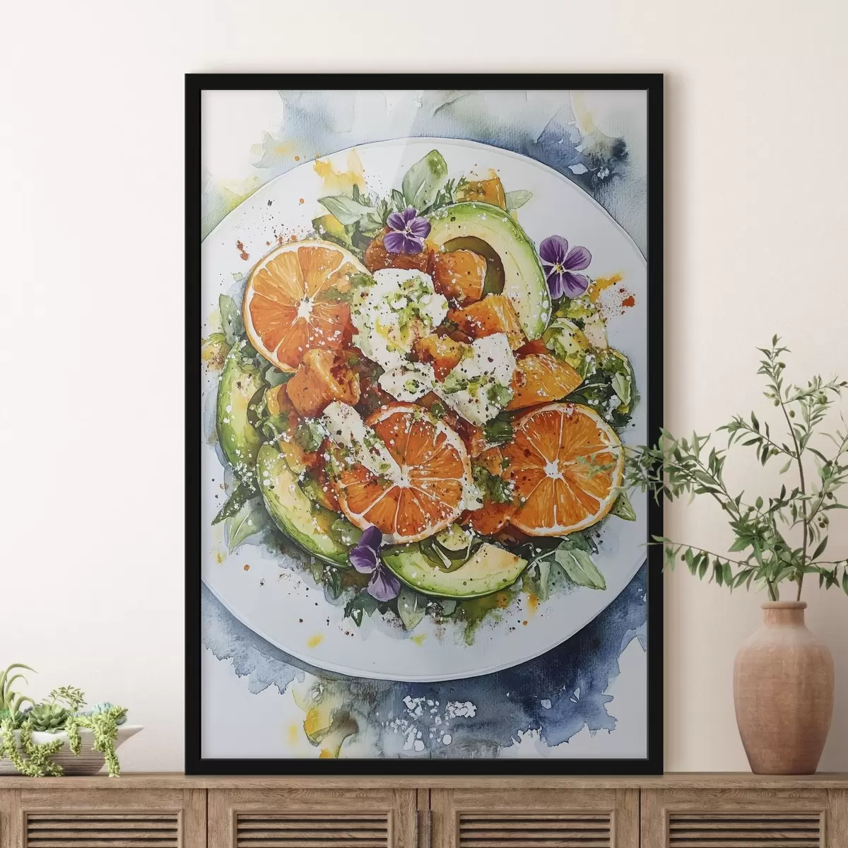 Poster Leckerer Salat mit Orangen, Feta-Käse, Kürbissen und Avocado, Aquarell-Lebensmittel f41959