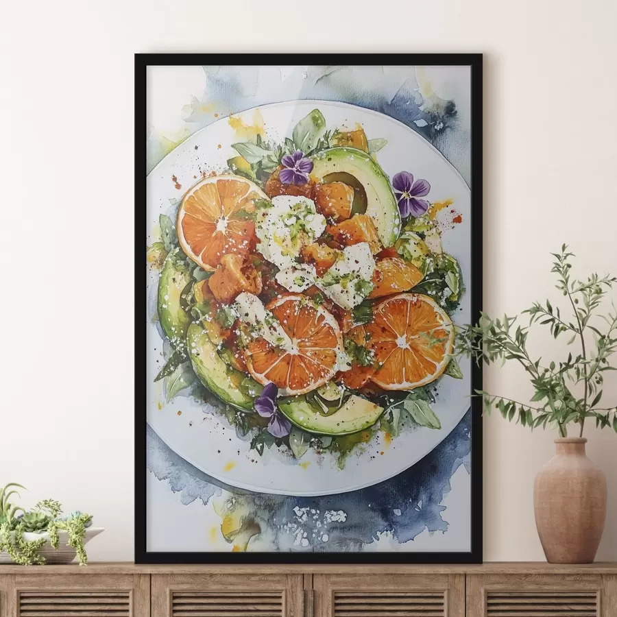 Fototapete Leckerer Salat mit Orangen, Feta-Käse, Kürbissen und Avocado, Aquarell-Lebensmittel f41959