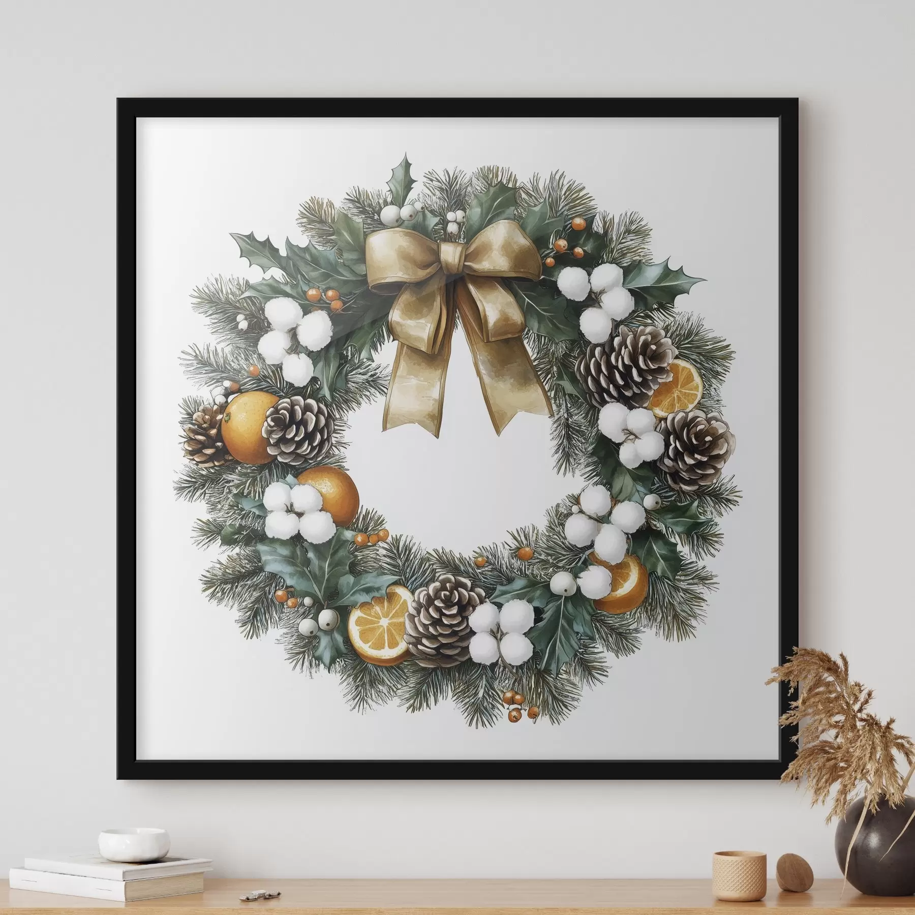 Fototapete Weihnachtskranz mit Schleife, Baumwolle, Orangen, Beeren und Zapfen f41962