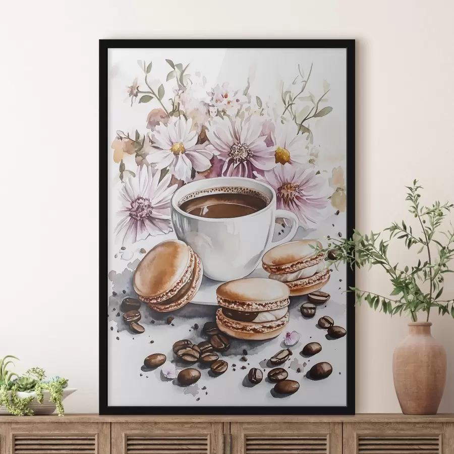 Fototapete Tasse Kaffee mit Makronen, rosa Blumen, Aquarell-Stil, Kaffeebohnen f41963