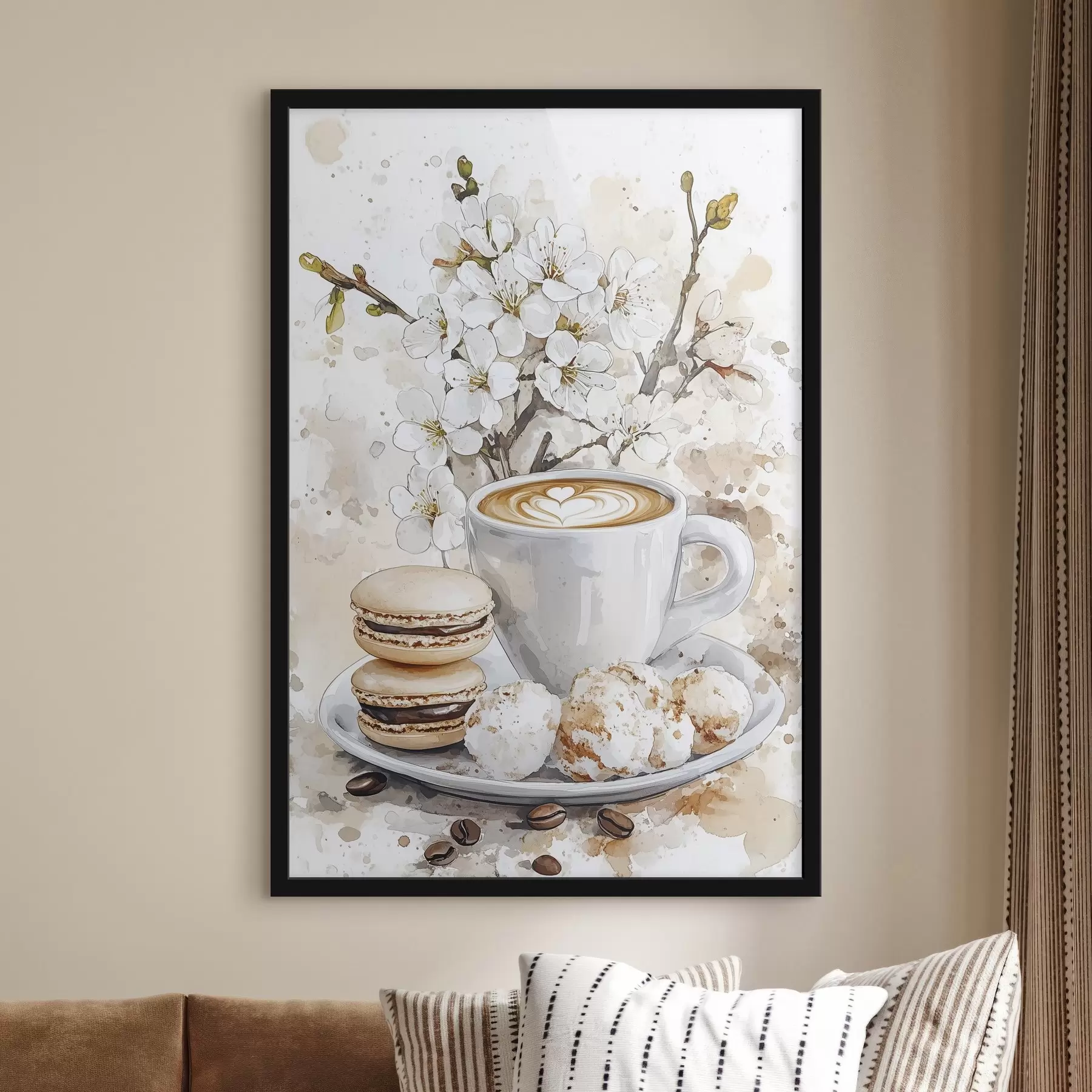 Fototapete Schöne Tasse Kaffee, Jasminblüten, Makronen, weiche Aquarellfarben f41964
