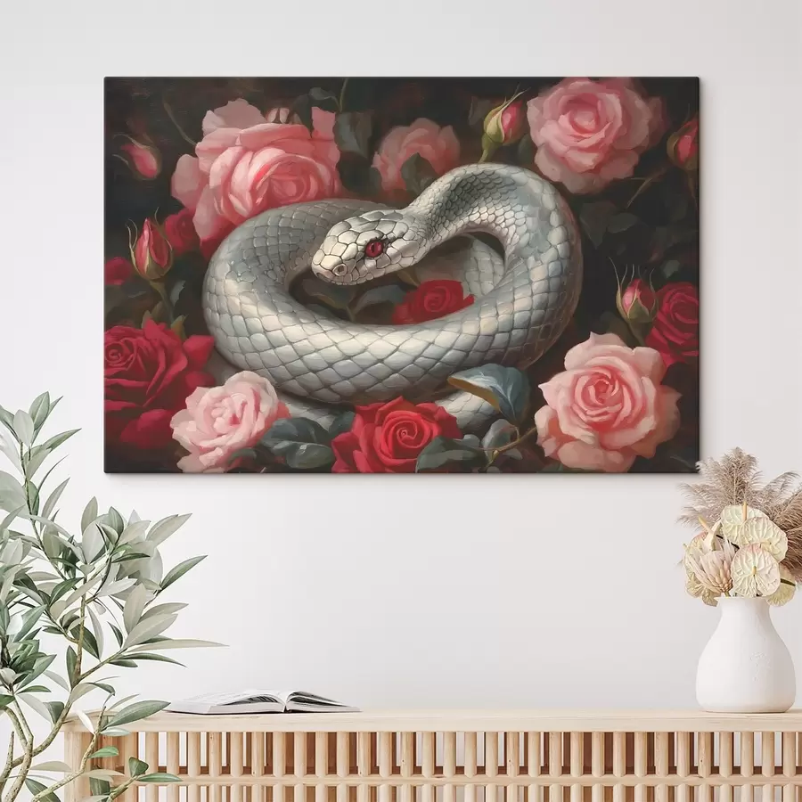 Wandbilder Weiße Schlange zwischen Rosen s41920