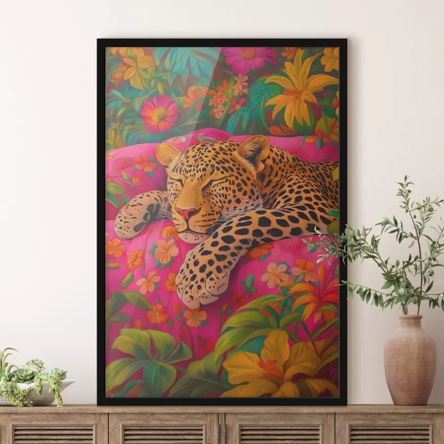 Fototapete Schlafender Leopard inmitten der Blumen f41929